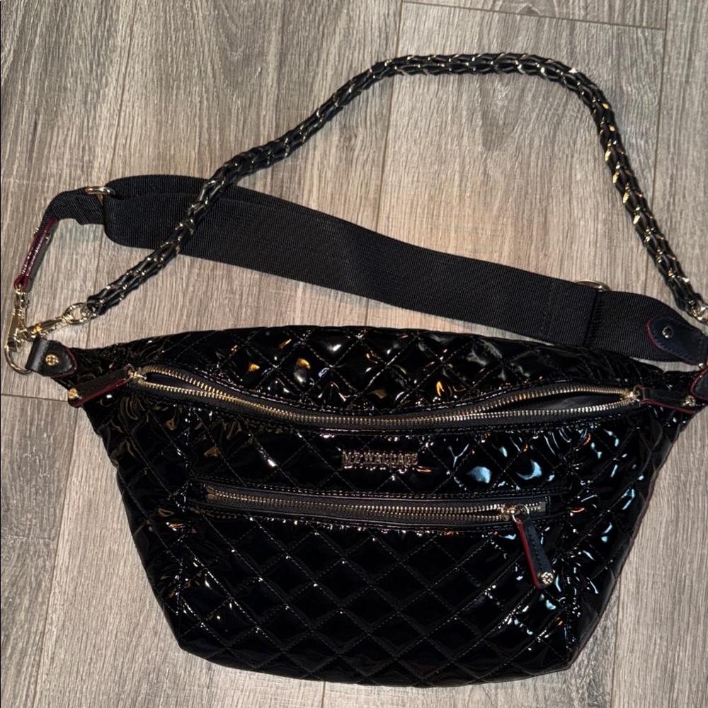MZ WALLACE Black Quilted Patent Lacquer Women's Bum Bag Crossbody Leather Chain